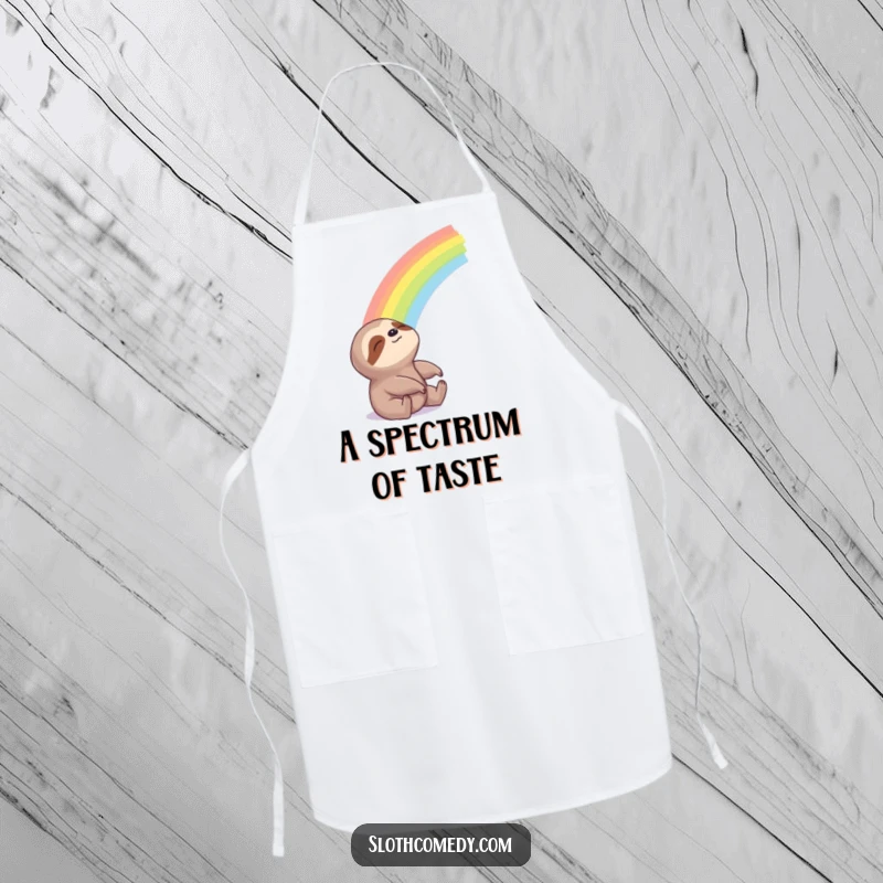 Funny Apron showing a sloth looking blissfully at a beautiful rainbow, ideal for a hopeful home chef.