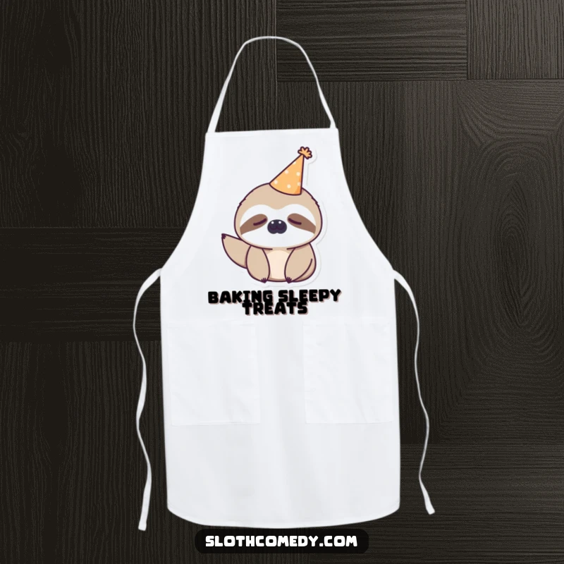 Funny kawaii sloth wearing a tiny party hat, looking sleepy on an apron, for humorous chefs and bakers.