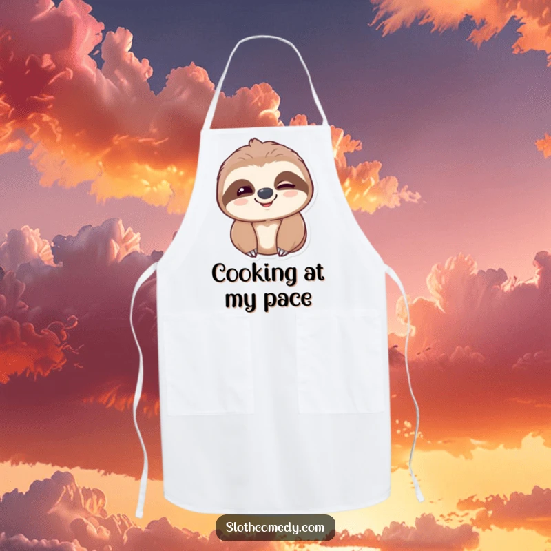 Funny sloth apron showing a sloth with a slow blink and a happy smile, adding gentle humor to kitchen tasks.