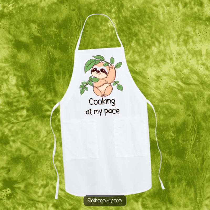 Funny Sloth Apron: Features a sloth character slowly waving a leafy branch, adding a humorous and relaxed vibe to cooking.