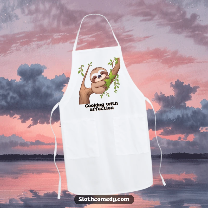 Funny sloth apron showing a content sloth hugging a mossy branch, adding a touch of nature and humor to cooking.