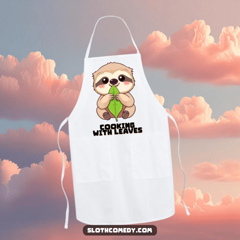 Funny kawaii sloth holding a single leaf with intense focus on an apron, for humorous and precise cooking.