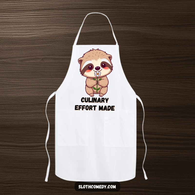Funny Kawaii Sloth Apron: A sloth offers a flower with effort, signifying humorous dedication in the kitchen.