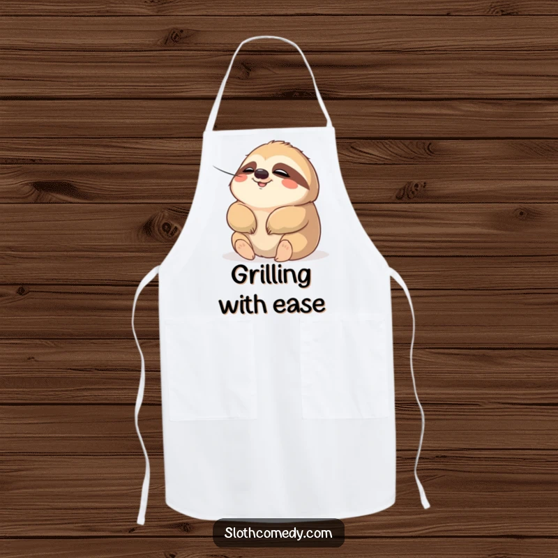 Funny apron with a chubby sloth character, eyes closed in relaxation, enjoying a gentle breeze. A humorous addition to any kitchen.