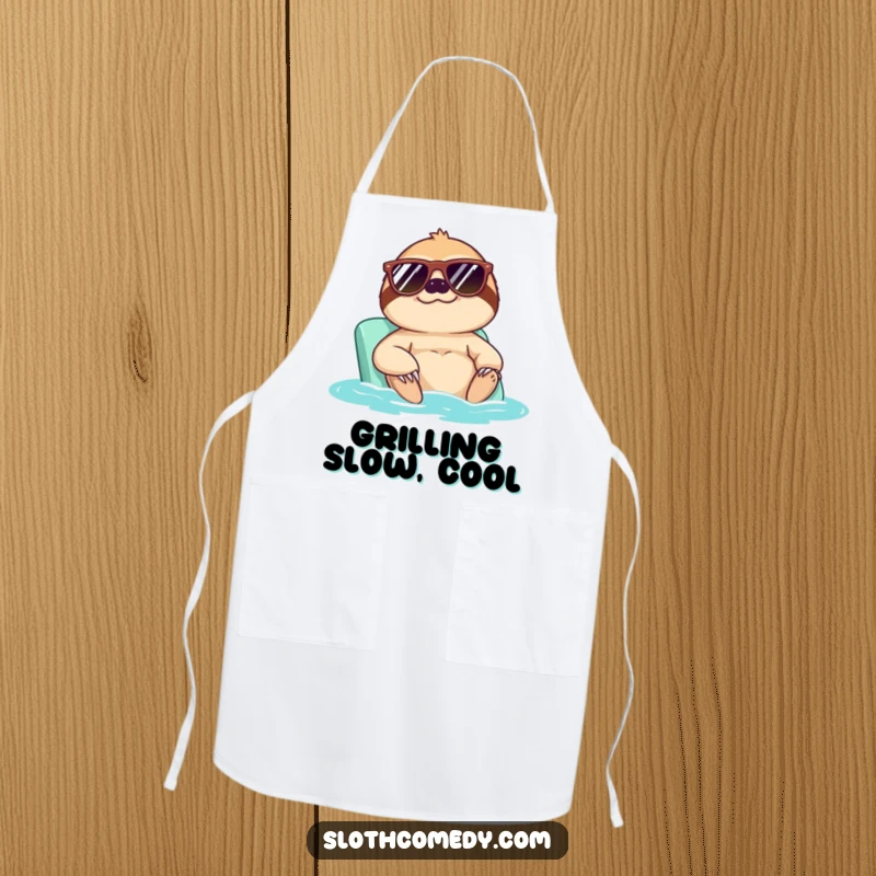 Funny apron with a sloth wearing sunglasses enjoying a sunbath, ideal for cooks who appreciate humorous, laid-back style.