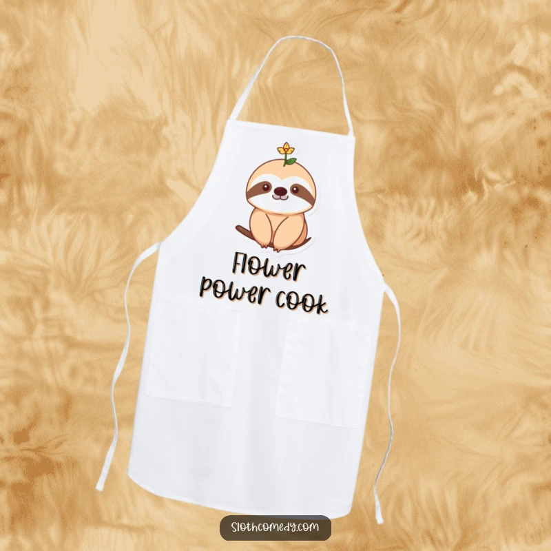 Funny Apron showing a sloth with a single, tiny flower blooming on its head, ideal for a sweet and charming cooking experience.