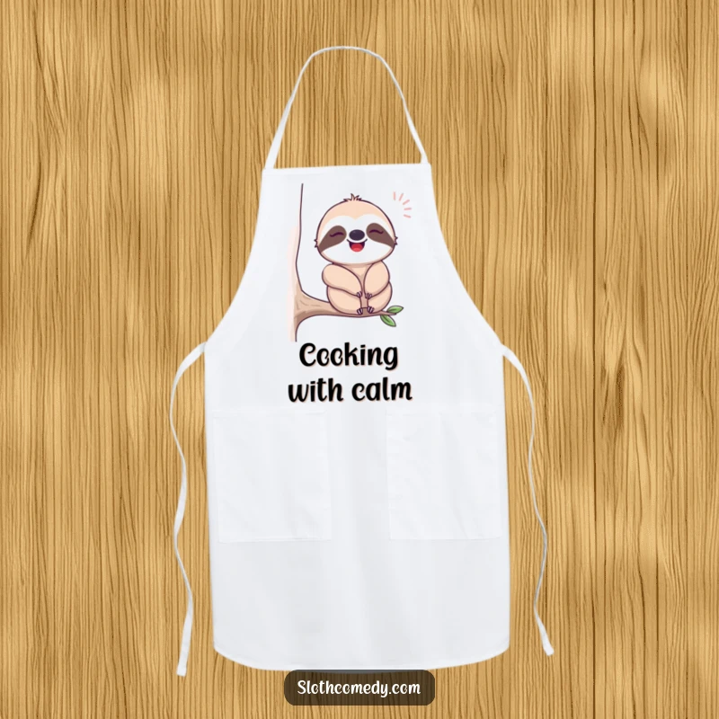 Funny apron featuring a content sloth sighing happily while swaying, ideal for cooks who appreciate relaxed humor in the kitchen.