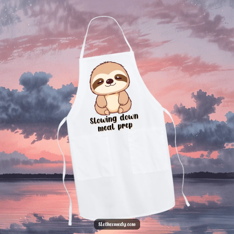 Funny kawaii sloth apron with a contented sigh, adding a humorous and relaxed element to cooking and kitchen activities.