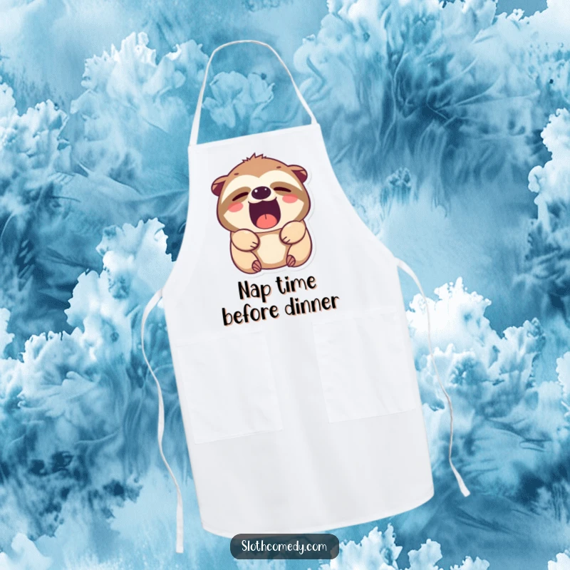 Funny Kawaii Sloth Apron, featuring a cute sloth with sleepy eyes in a wide, humorous yawn, adding charm to kitchen duties.