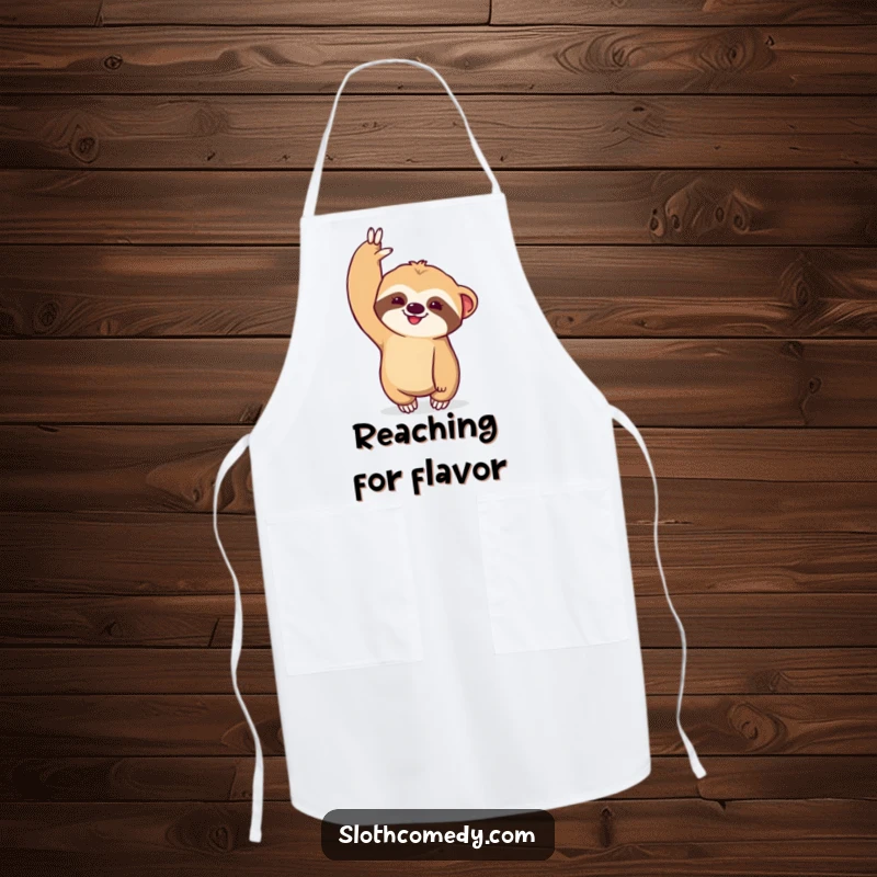 Funny Kawaii Sloth Apron: Protective kitchen wear featuring a sloth dramatically stretching one arm upwards, ideal for cooking.