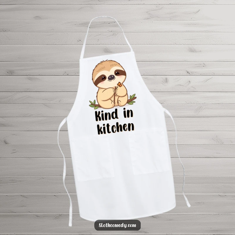 Funny Apron featuring a kawaii sloth letting a tiny butterfly rest on its paw, perfect for adding gentle charm to kitchen tasks.