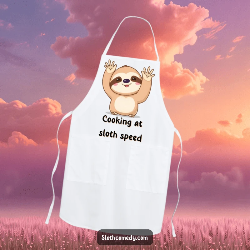 Funny kawaii sloth apron, showing a cute sloth's slow, deliberate, funny wave, perfect for protecting clothes with a smile.