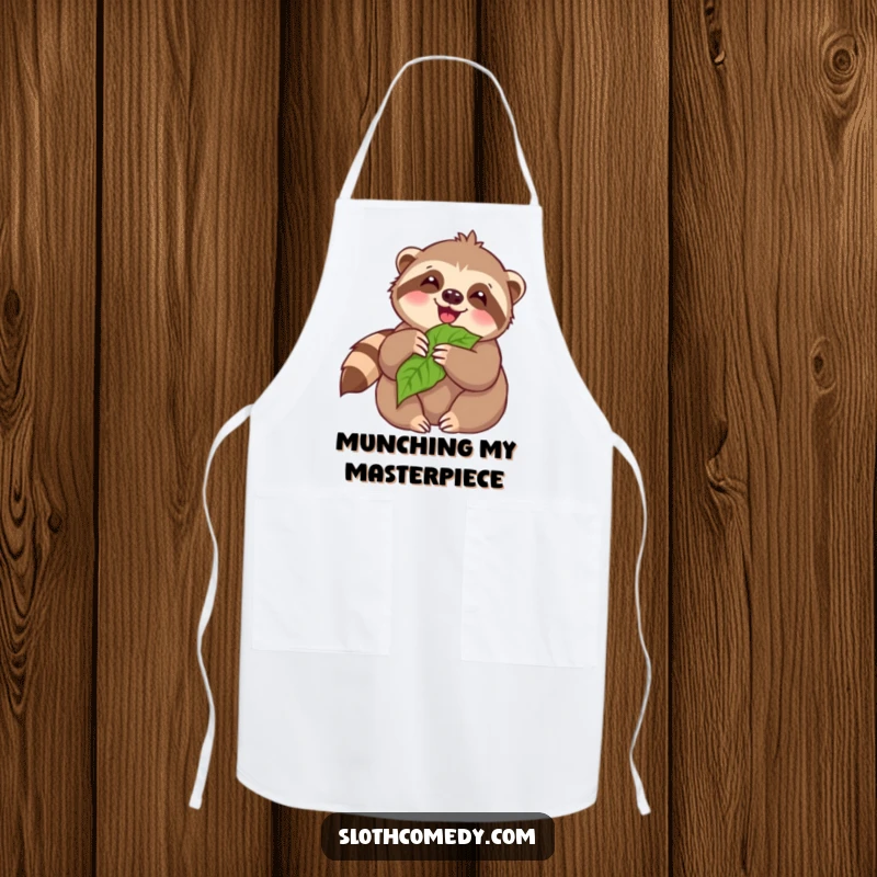 Funny Apron: Kawaii sloth joyfully munching on a leaf, ideal for kitchen use and adding cheer to cooking.