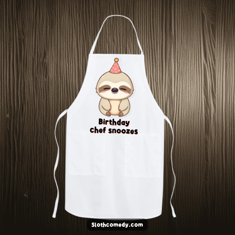 Funny kawaii sloth apron with a sleepy sloth wearing a tiny party hat, perfect for celebrating culinary creations and naps.