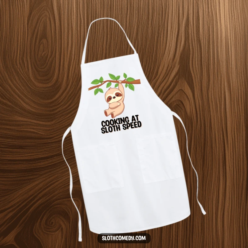 Funny Kawaii Sloth Apron featuring a cute, peacefully dangling sloth, perfect for humorous and relaxed kitchen activities.