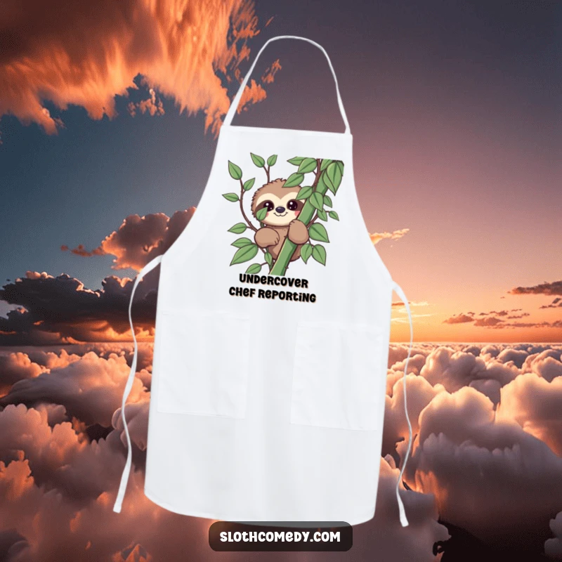 Funny kawaii sloth apron with a sloth peeking from behind a vine, bringing playful and humorous charm to the kitchen.