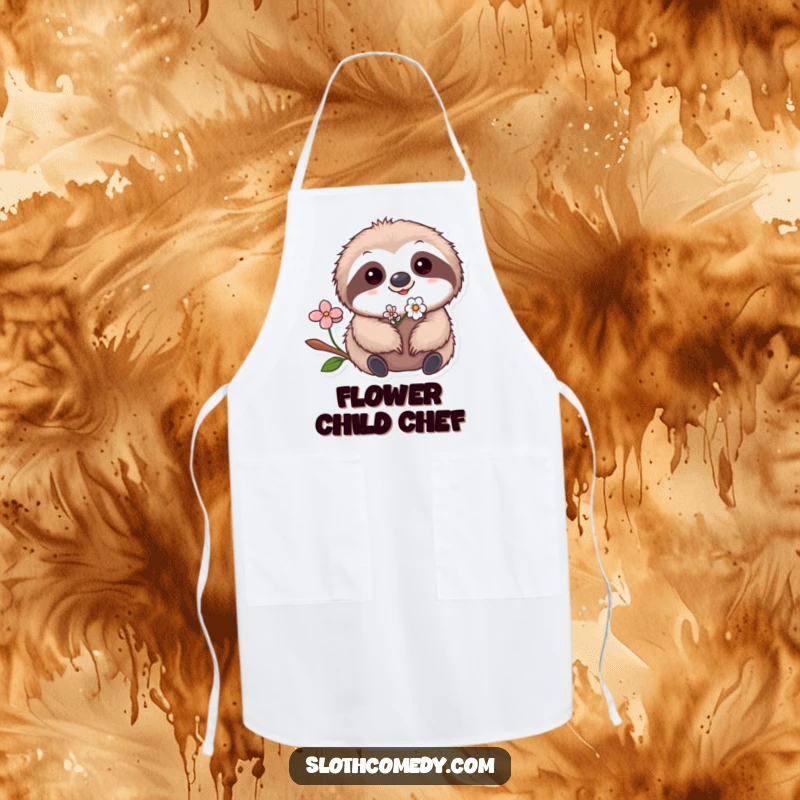 Funny Kawaii Sloth Flower Apron featuring a cute sloth with a tiny flower, perfect for humorous and charming kitchen activities.