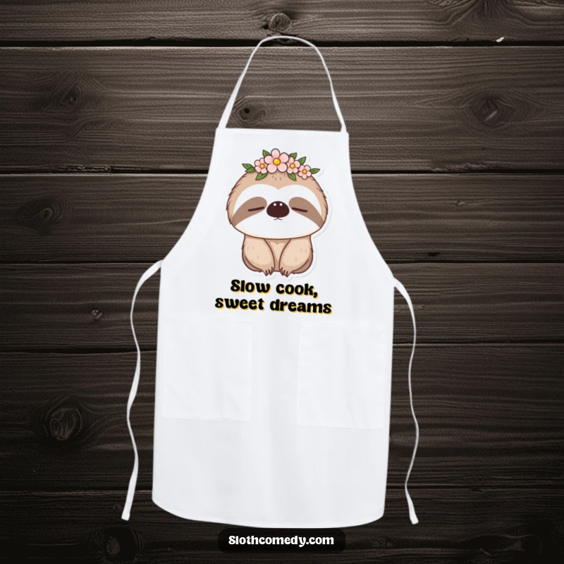 Funny apron showing a sleepy sloth with a flower crown, ideal for kitchen use and bringing calm humor, a funny gift.