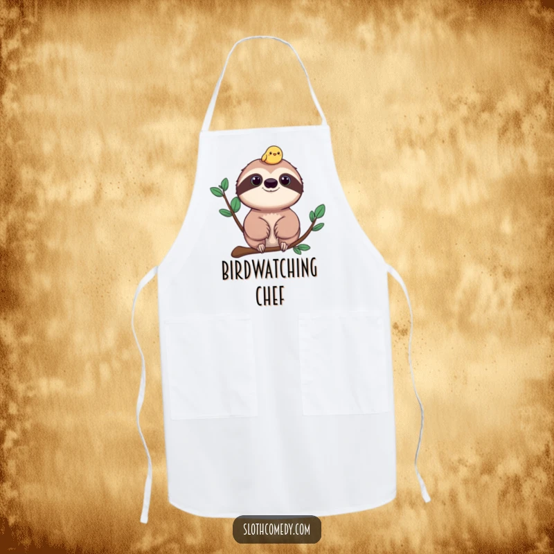 Funny sloth and bird apron, showing a sloth with a cheerful bird on its head, ideal for relaxed kitchen wear.