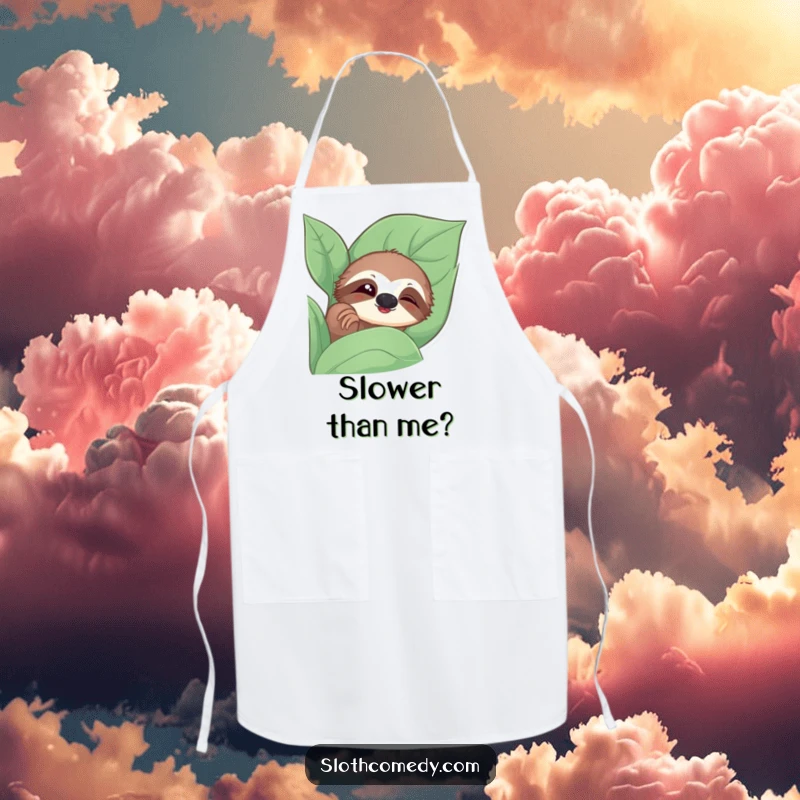 Funny apron with a sloth peeking from a leaf, giving a slow blink, for kitchen amusement.