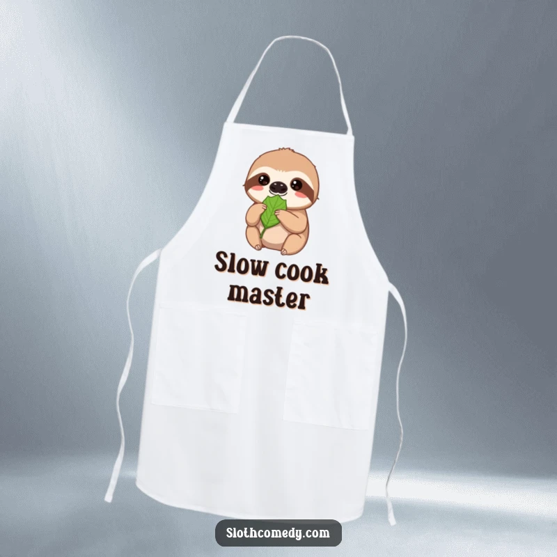 Funny sloth apron, a sweet sloth patiently offers a leaf while cooking, showcasing a soft gaze, great for chefs.