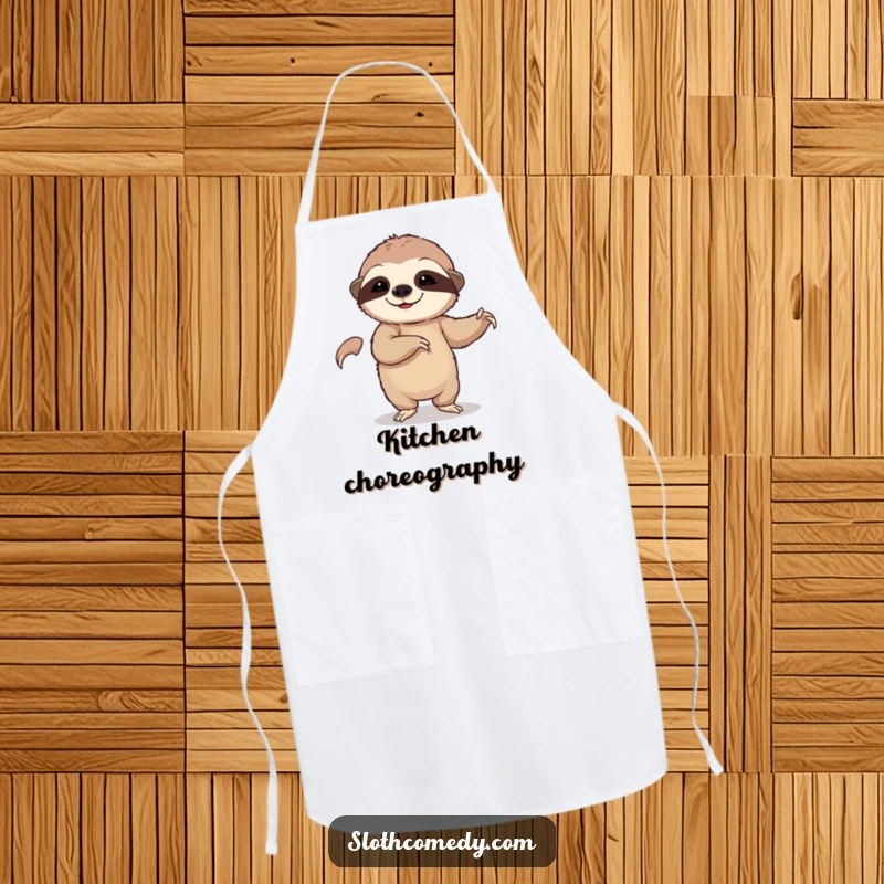 Funny apron featuring a sloth doing a slow dance, adding humor and personality to kitchen activities.