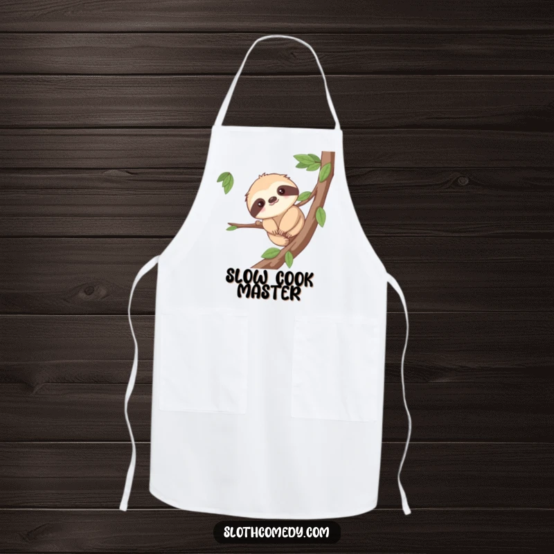 Funny apron with a cute sloth character inching along a branch with gentle effort, perfect for a slow and steady cooking experience.