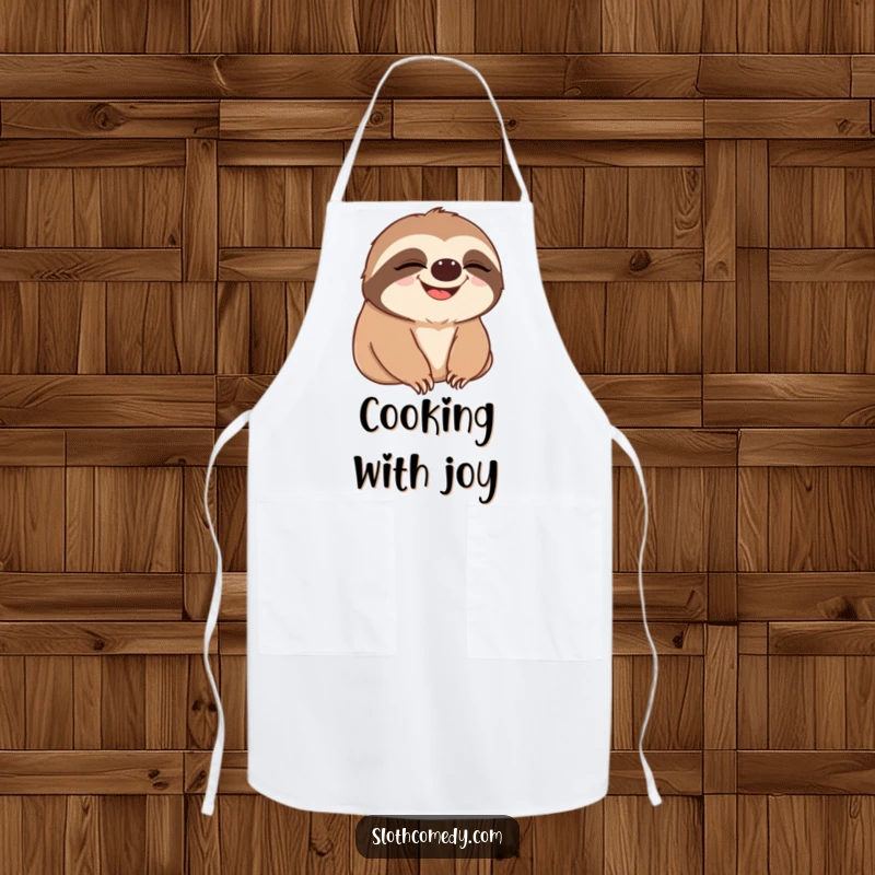 Funny sloth apron showing a sloth slowly blinking, then breaking into a wide, happy grin, ready for kitchen fun.