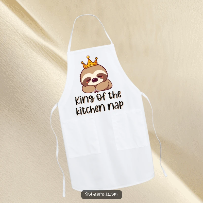 Funny sloth king wearing a tiny crown, napping on a chef apron. Great funny gift for kitchen enthusiasts.