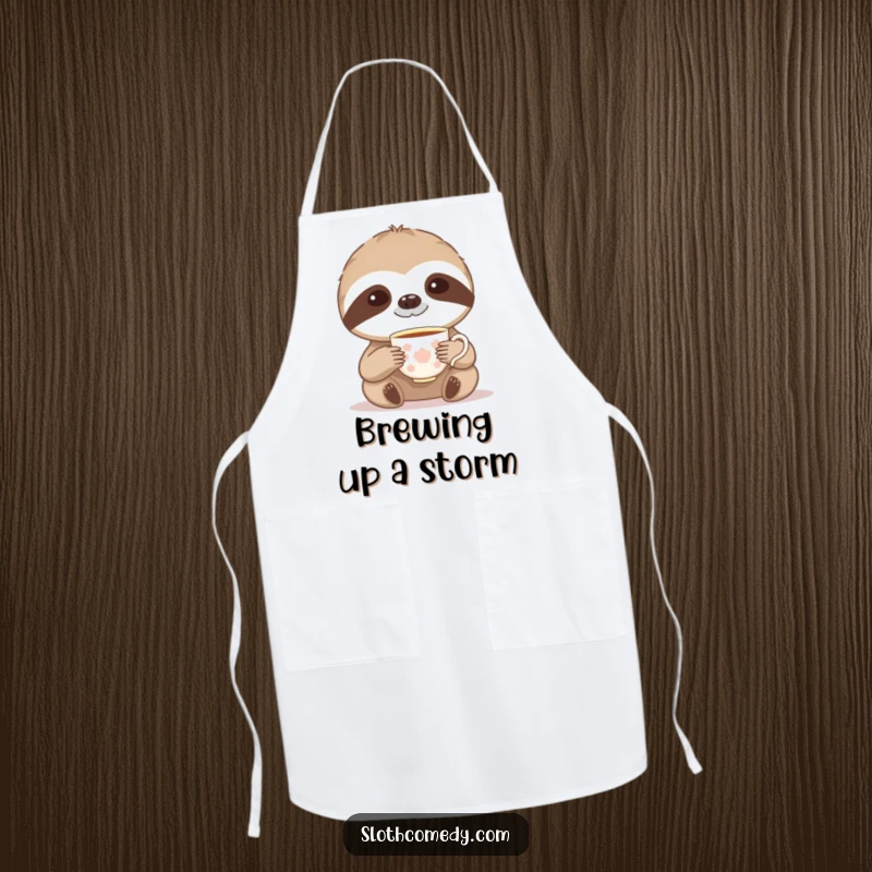Funny apron with a sloth gracefully lifting a tiny teacup, adding elegant humor to cooking.