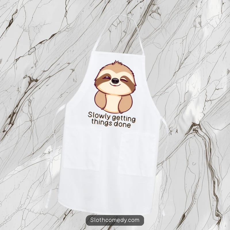 Funny apron with a sloth character winking playfully, bringing humor to kitchen activities.