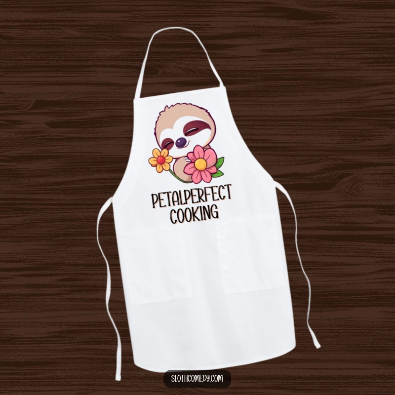 Funny apron with a sloth character giving a sleepy wink while slowly blinking at a colorful flower. A charming addition to any kitchen.