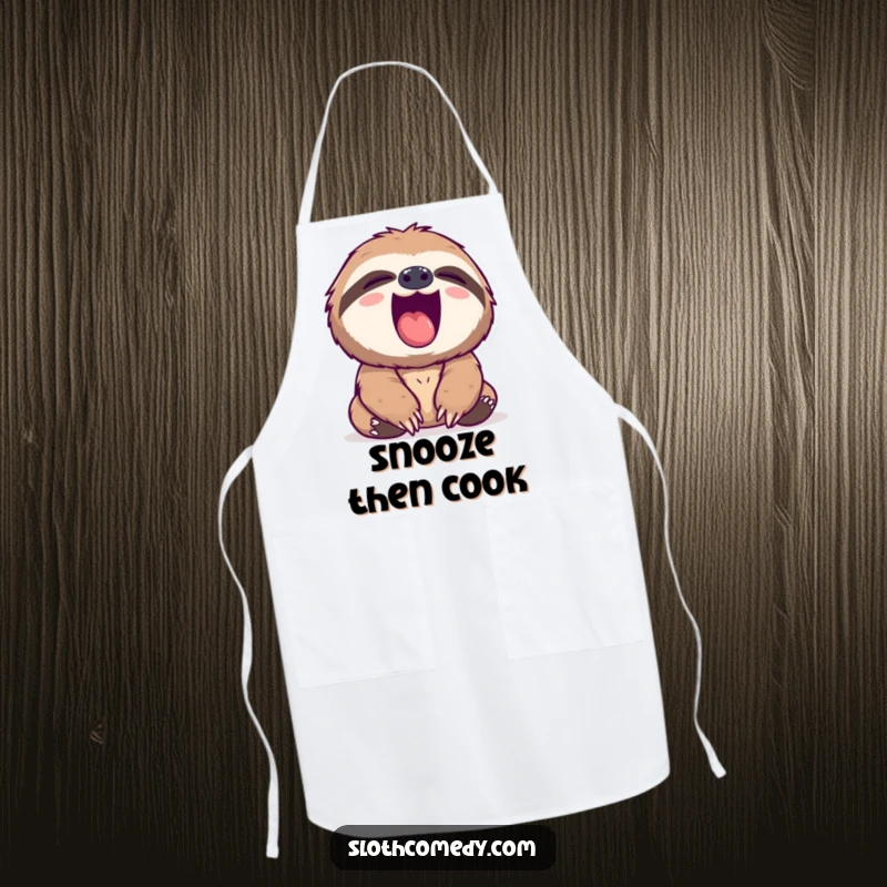 Funny sloth apron showing a sloth yawning widely with its pink mouth, a humorous and quirky kitchen accessory.