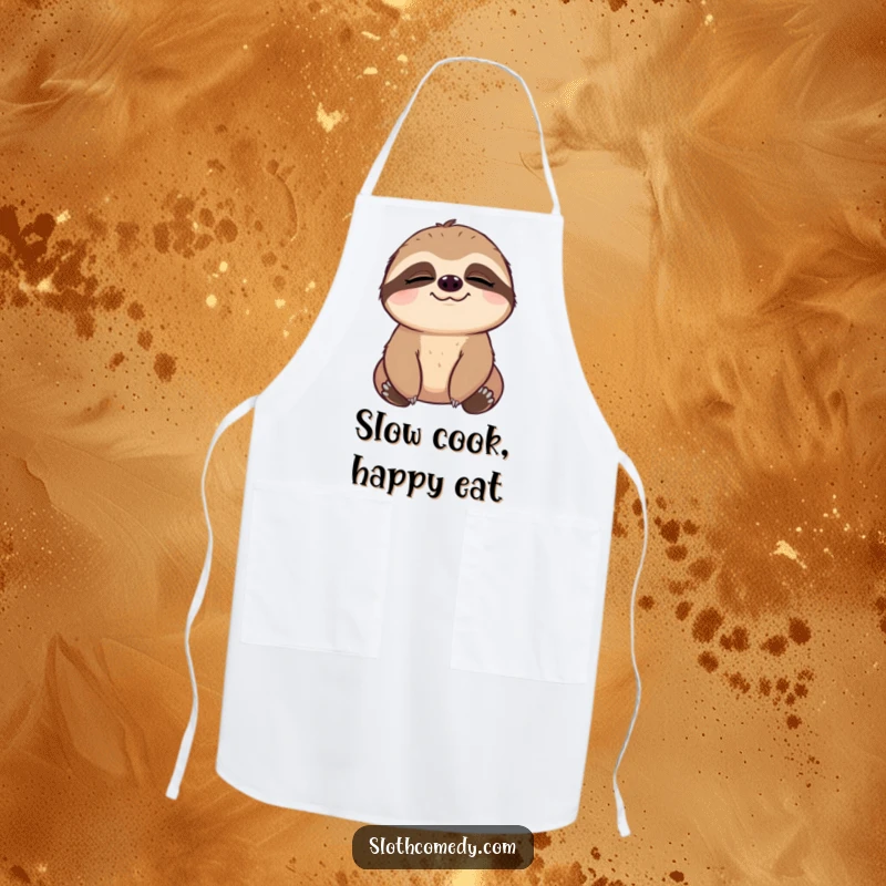 Funny Apron showing a sloth with a comically slow blink, looking deeply content, ideal for relaxed and joyful cooking.