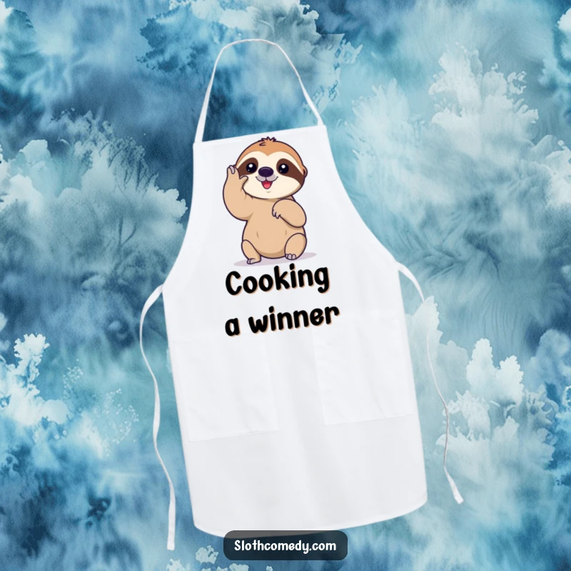 Funny apron with a sloth attempting a very slow, deliberate high-five, ideal for cooks who appreciate humorous patience.