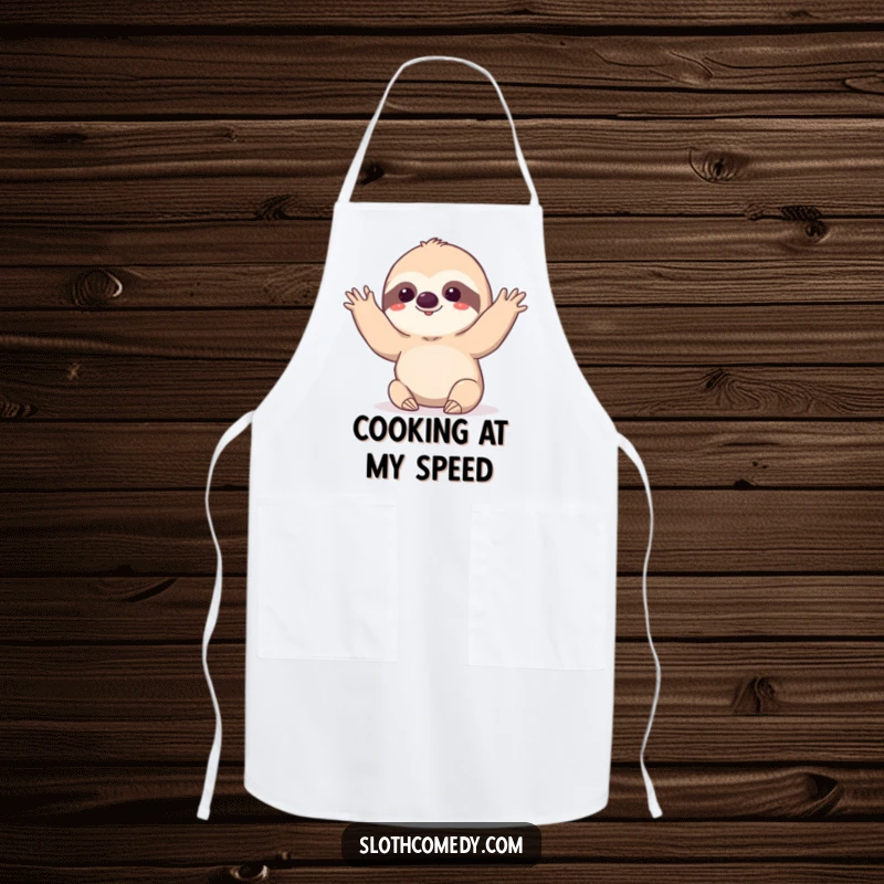 Funny kawaii sloth doing a very slow, deliberate wave on an apron, for humorous and relaxed cooking.