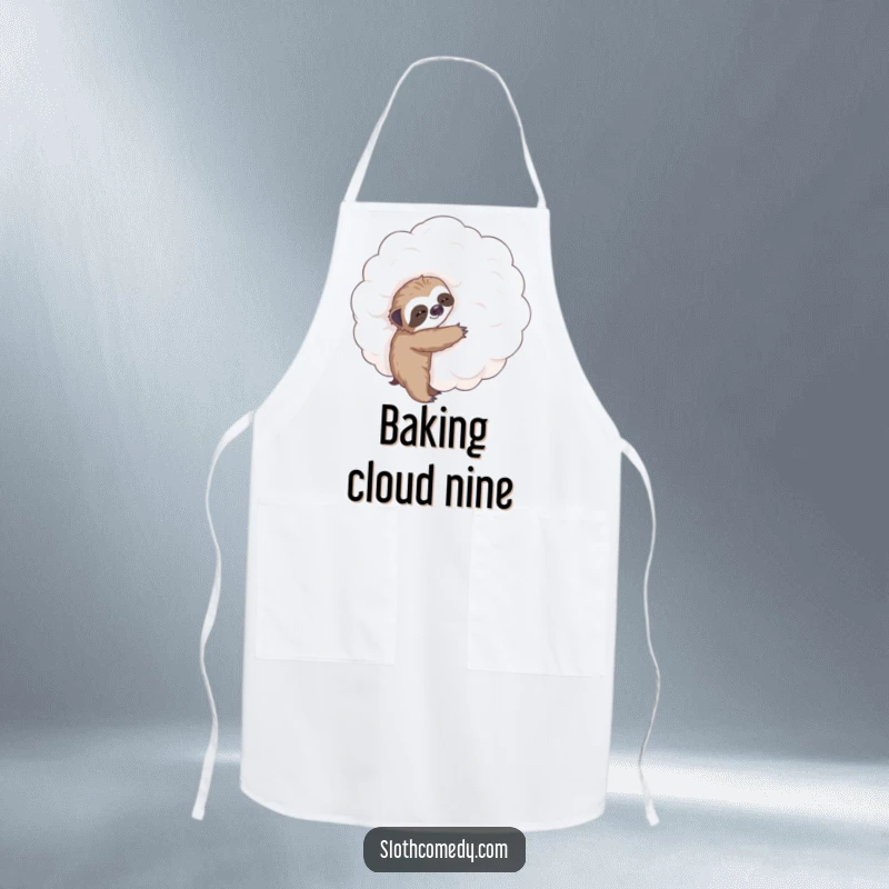Funny apron with a tiny sloth reaching for a giant, fluffy cloud, perfect for the kitchen and adding playful humor to cooking.