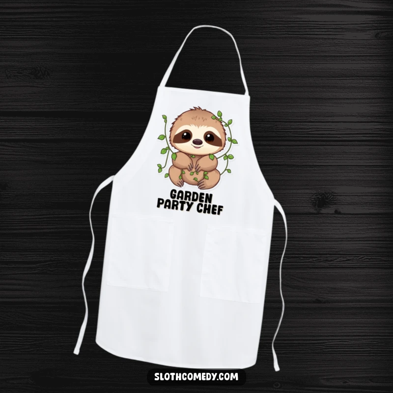 Funny Apron showing a sloth with small vines playfully wrapped around its limbs, ideal for a charming and nature-themed cooking experience.