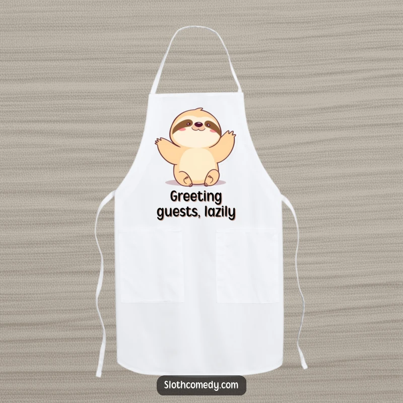 Funny Apron: Kawaii sloth doing a very slow, gentle wave, ideal for kitchen use and adding gentle humor.