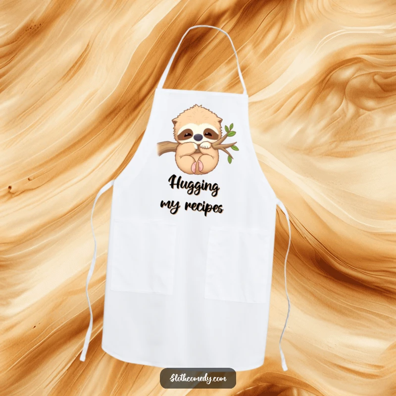 Funny Apron: A kawaii sloth hugs a fuzzy branch contentedly, bringing cozy vibes to kitchen tasks, a great funny gift.