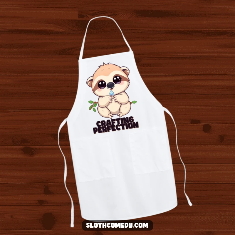 Enchanting sloth apron showing a sloth with sparkling eyes, holding a single dewdrop, ready for magical kitchen endeavors.