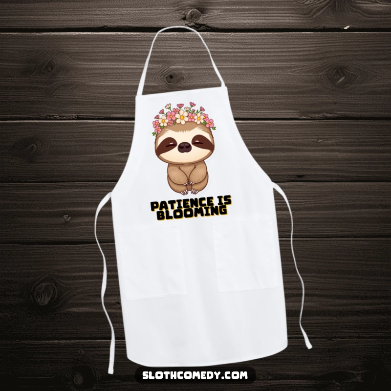 Funny sloth apron showcasing a sloth with a flower crown, nodding slowly, a charming kitchen accessory.