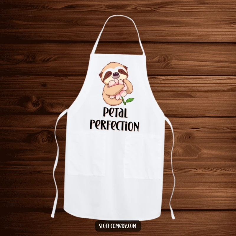 Funny Apron showing a sloth slowly embracing a large flower with pure delight, ideal for a nature-loving cook.