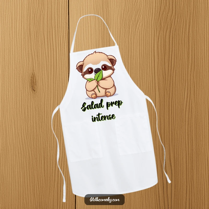 Funny kawaii sloth apron with intense focus on holding a single leaf, perfect for dedicated cooking.