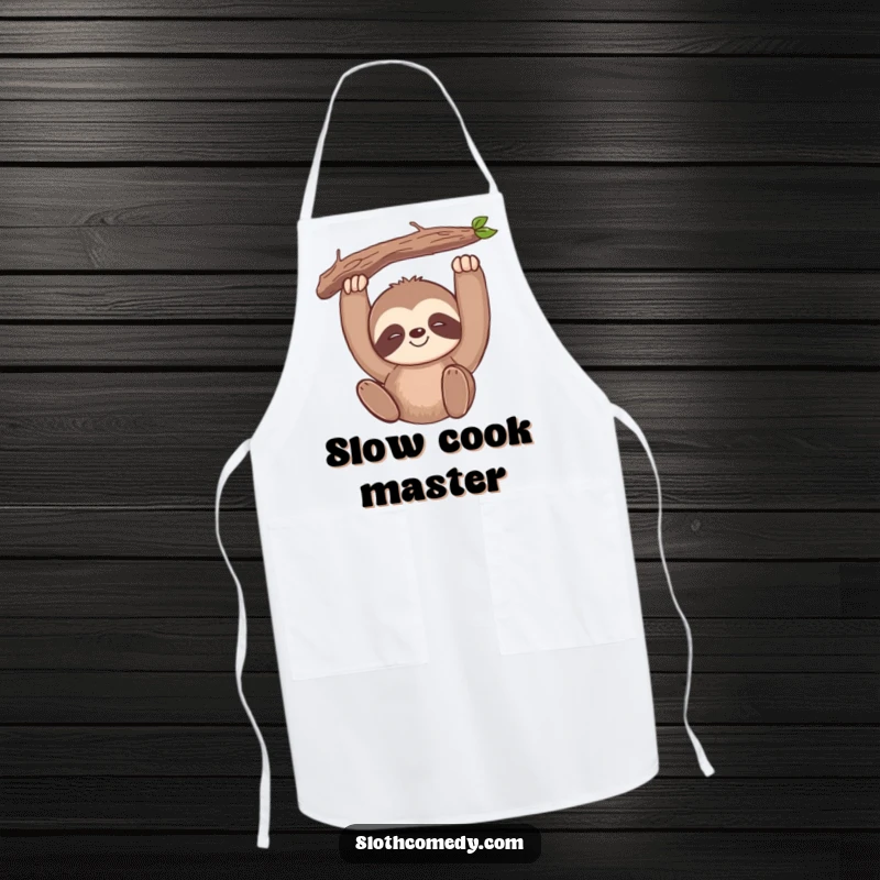 Funny kawaii sloth apron with a slow-smiling sloth hanging from a branch, perfect for relaxed kitchen tasks.