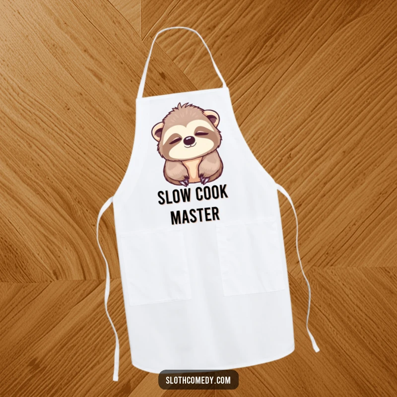 Funny Apron featuring a kawaii sloth slowly blinking with wide, peaceful eyes, adding a touch of calm to kitchen tasks.