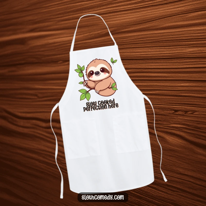 Funny Apron: Kawaii sloth smiling, slowly extending a branch, ideal for kitchen use and adding humor to cooking.