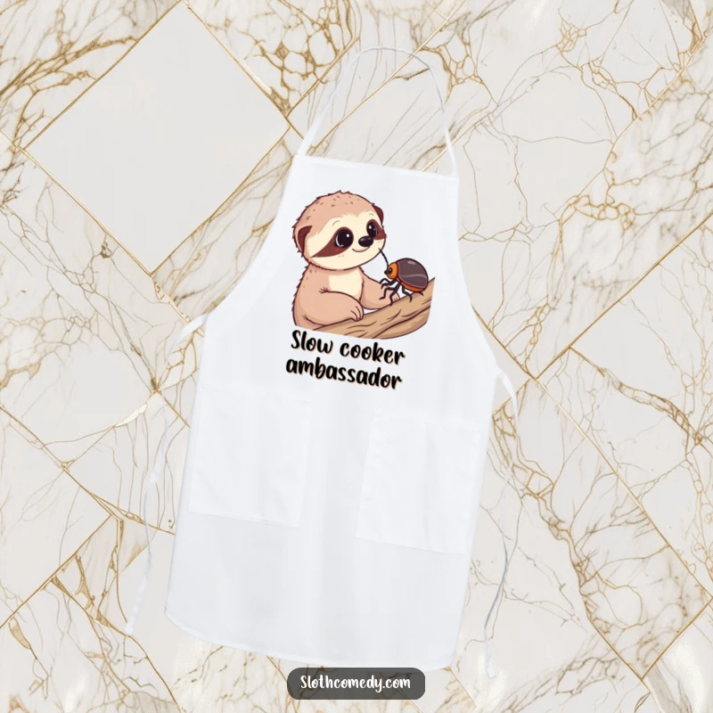 Funny apron featuring a sloth looking at a beetle with wonder, making meal prep a humorous and enjoyable experience.