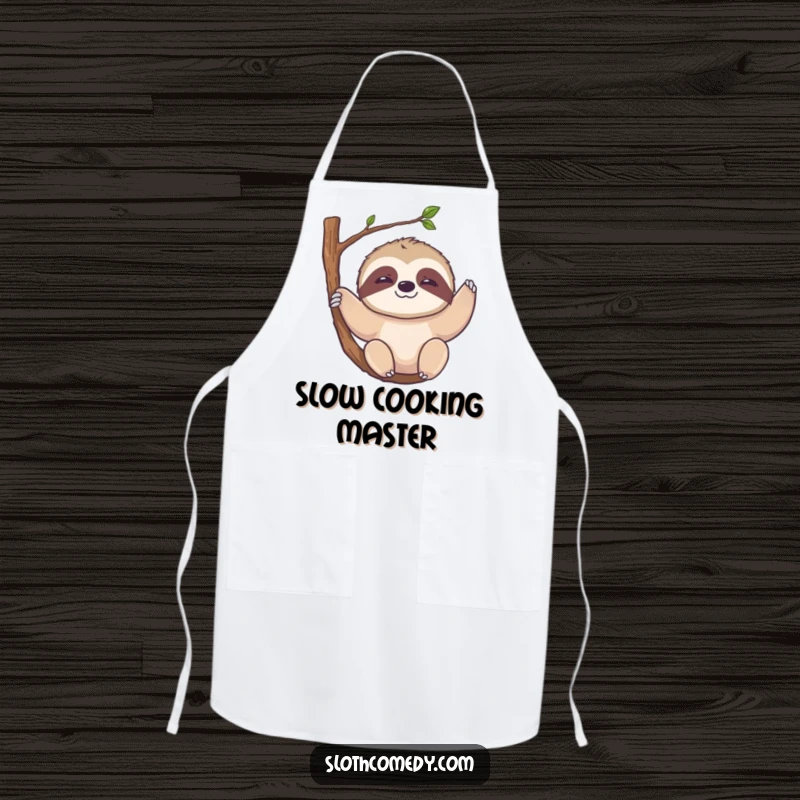 Funny Kawaii Sloth Apron: Protective kitchen wear featuring a sloth with a slow smile, hanging from a branch, ideal for cooking.