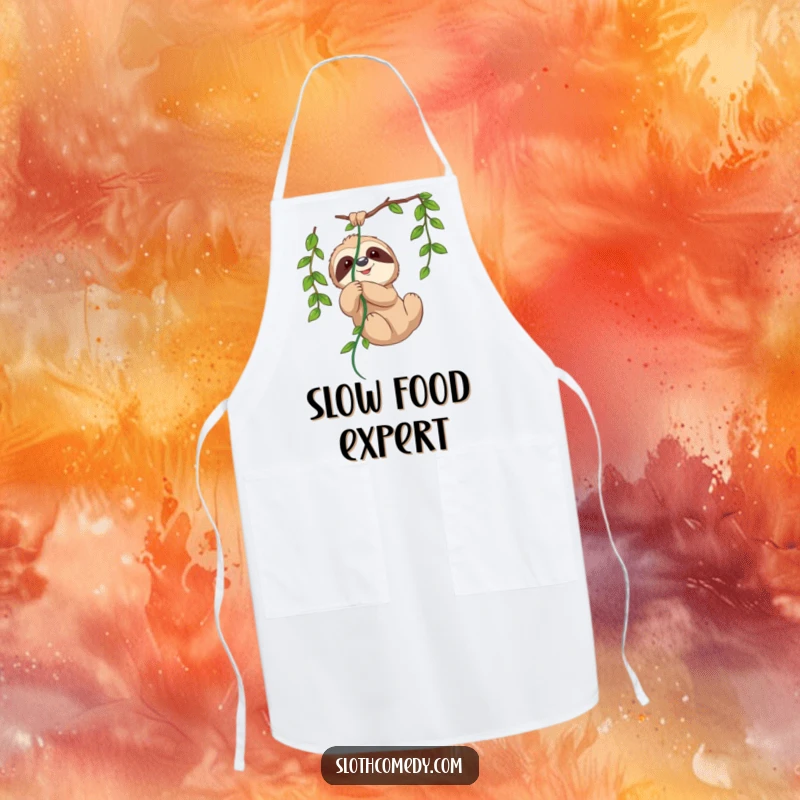 Funny apron showing a cute sloth playfully tangled in a hanging vine, ready for kitchen adventures with a relaxed attitude.